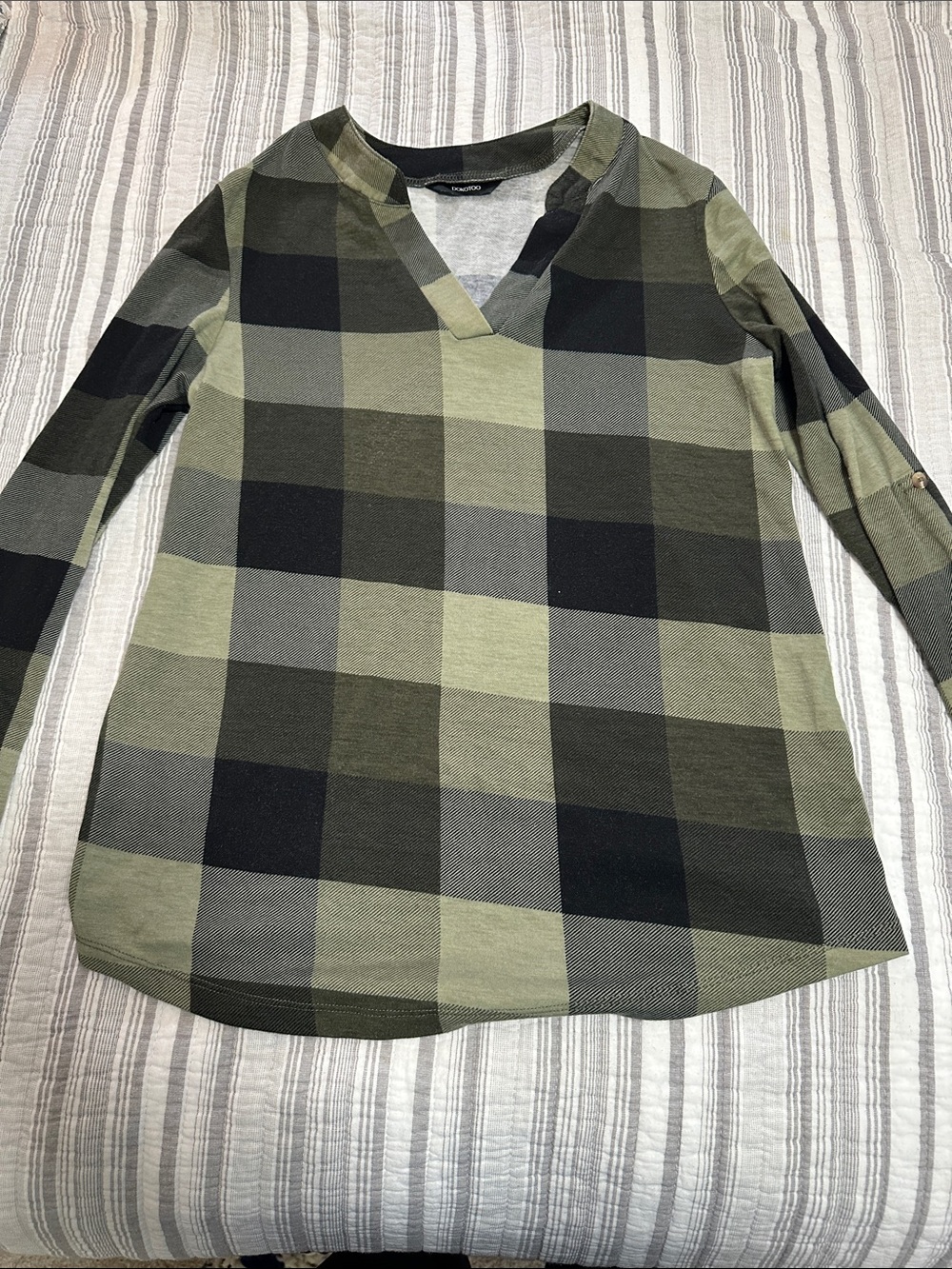 Olive & Black Plaid V-Notch Tunic